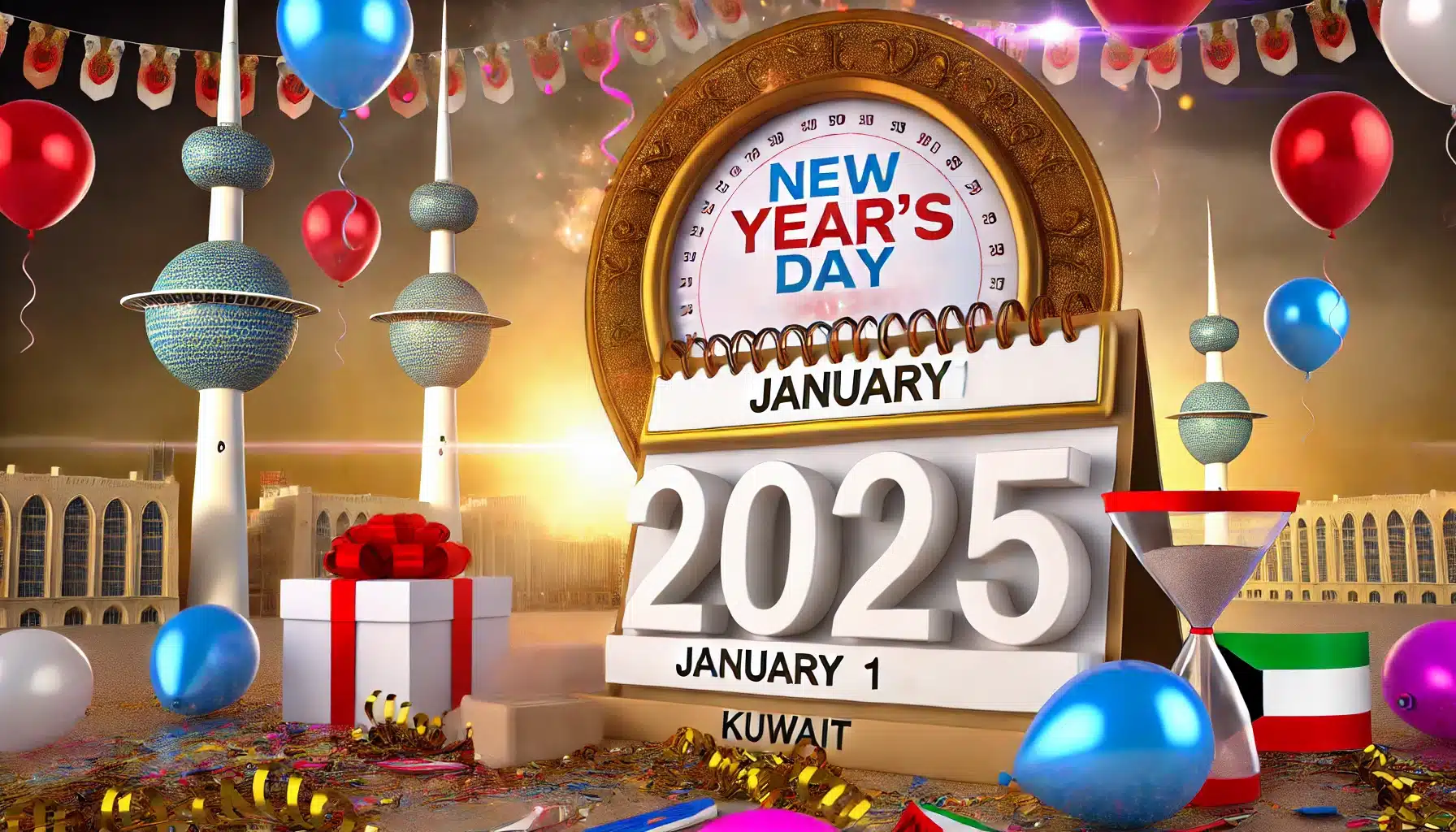 DALL·E 2024 09 30 21.35.27 A visually appealing countdown image for New Years Day holiday in Kuwait for 2025. The scene includes a large decorative calendar displaying the dat